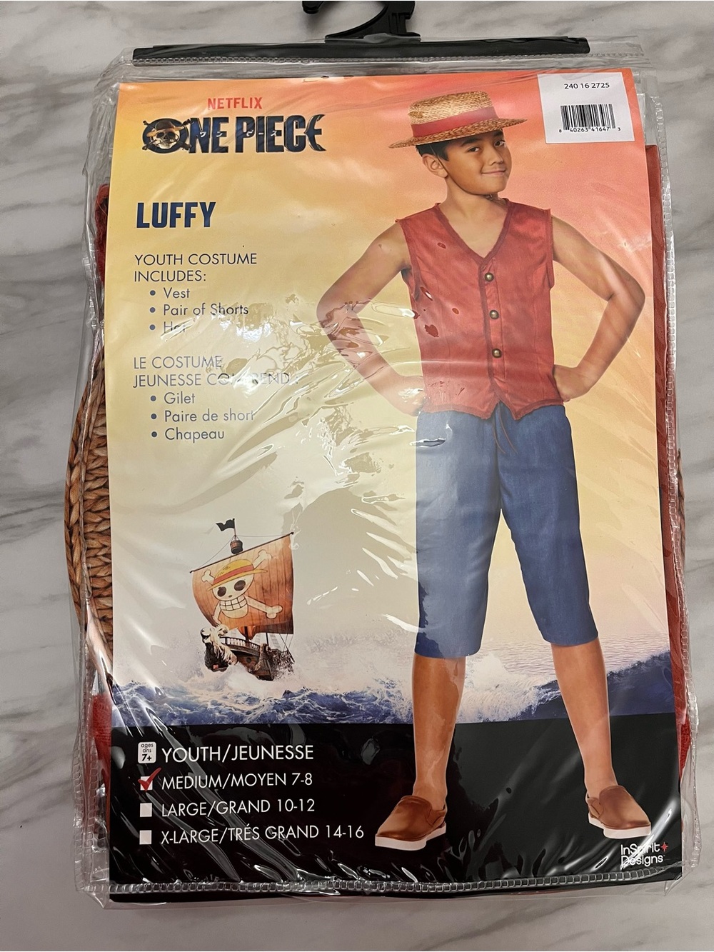 NWT One Piece Luffy Youth Costume Set Size Medium 7-8 Hat Vest Shorts